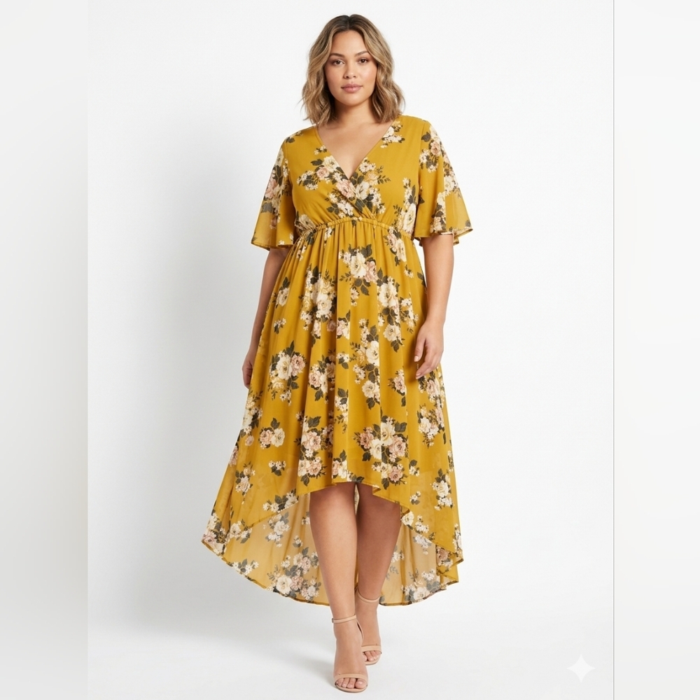 Floral Mustard High-Low V-Neck Dress